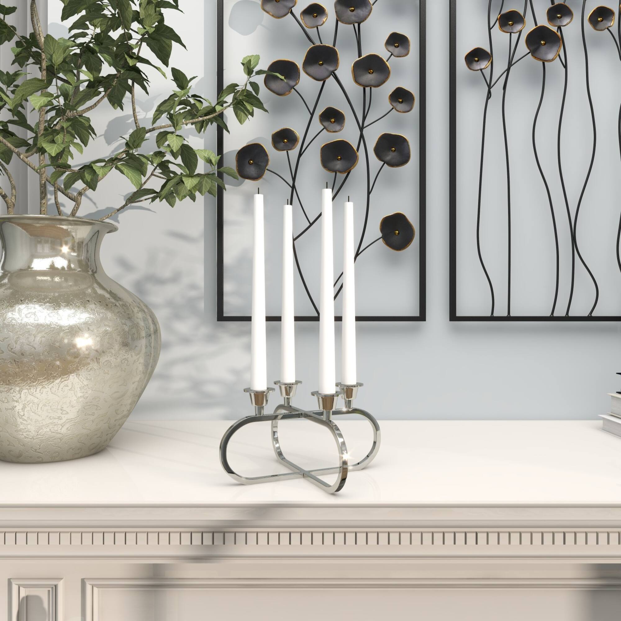 8" Silver Stainless Steel Overlapping Oval Geometric Candelabra